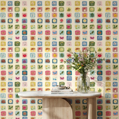 Cream Multicolor Nature Squares Kids Wallpaper