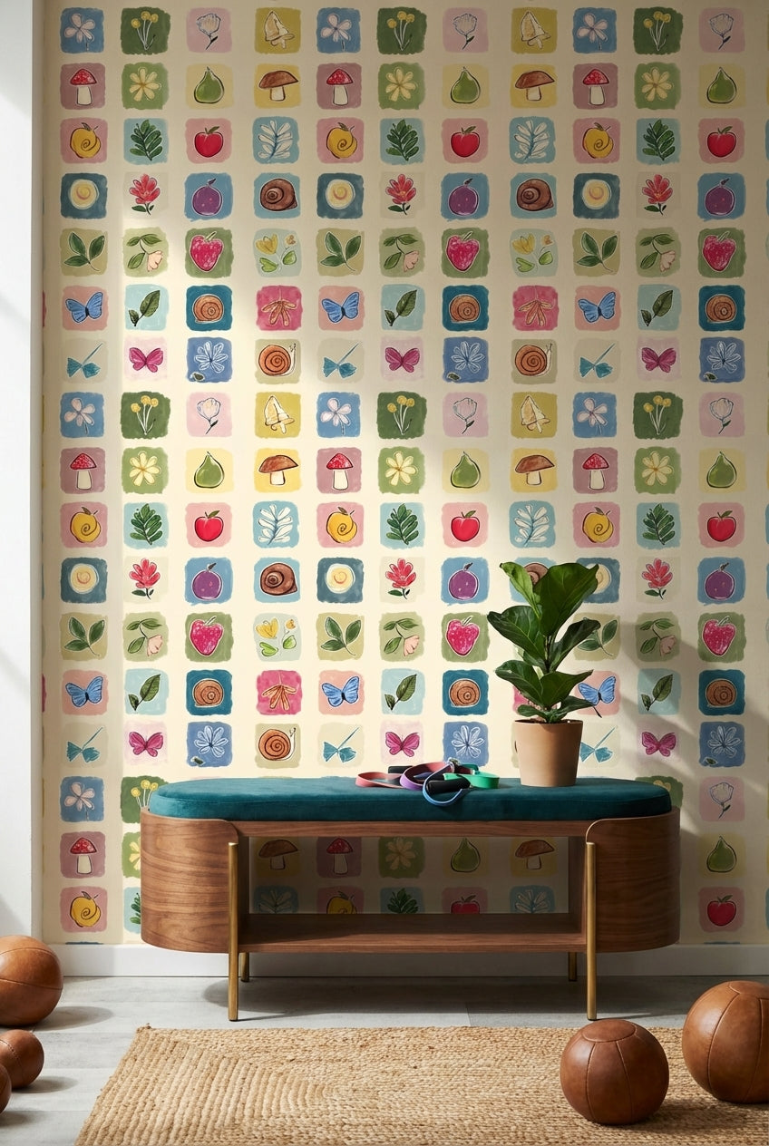 Cream Multicolor Nature Squares Kids Wallpaper