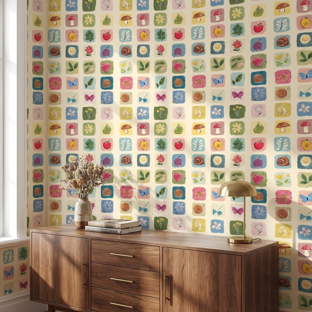 Cream Multicolor Nature Squares Kids Wallpaper