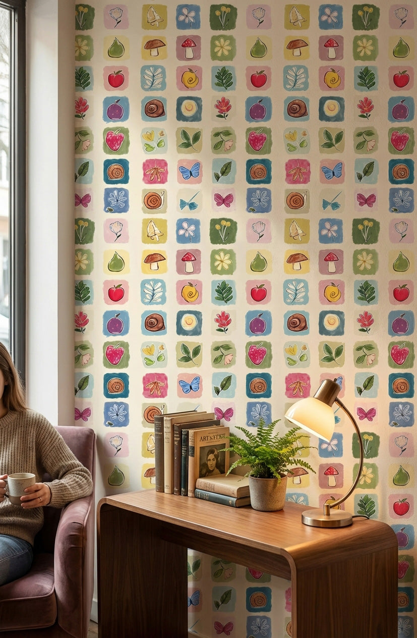 Cream Multicolor Nature Squares Kids Wallpaper