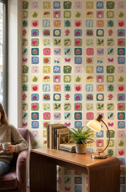 Cream Multicolor Nature Squares Kids Wallpaper