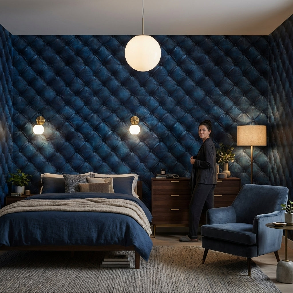 Navy Blue Quilted Leather Texture 3D Wallpaper