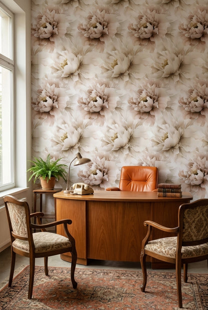 Cream and Beige Oversized Peony Floral Wallpaper