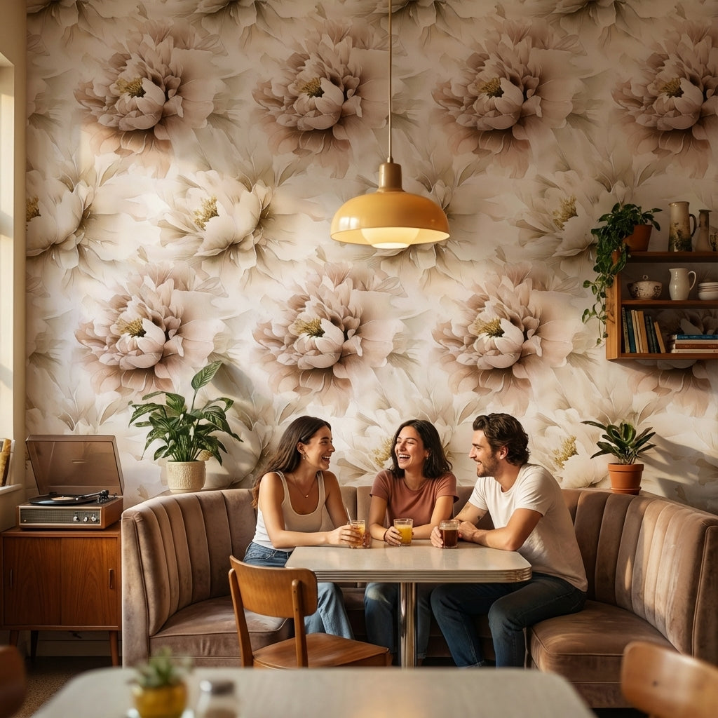 Cream and Beige Oversized Peony Floral Wallpaper