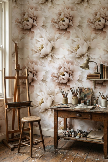 Cream and Beige Oversized Peony Floral Wallpaper