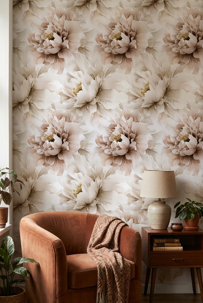 Cream and Beige Oversized Peony Floral Wallpaper