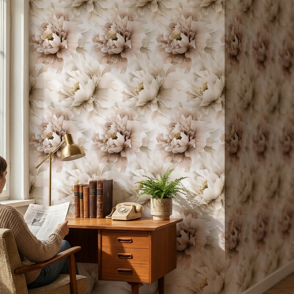 Cream and Beige Oversized Peony Floral Wallpaper