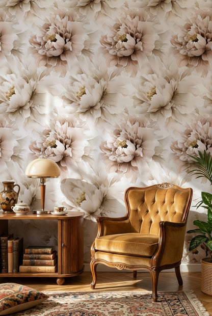 Cream and Beige Oversized Peony Floral Wallpaper