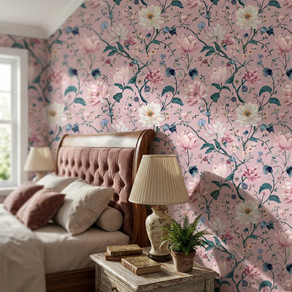 Soft Pastel Pink Large Floral Wallpaper