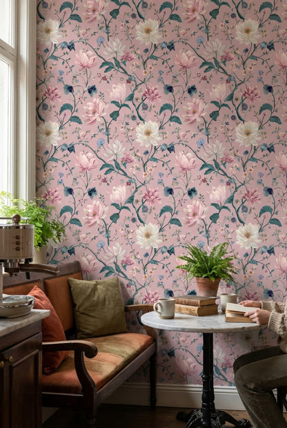 Soft Pastel Pink Large Floral Wallpaper