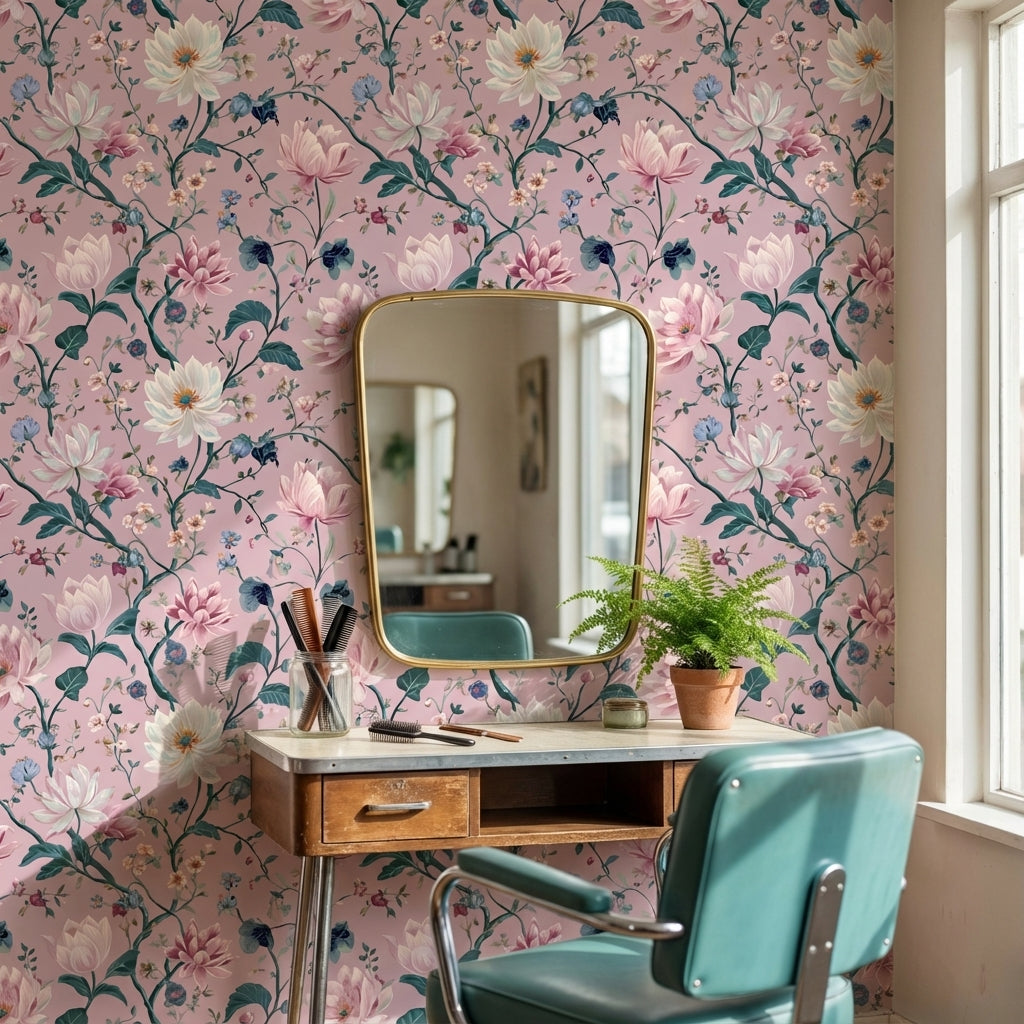 Soft Pastel Pink Large Floral Wallpaper