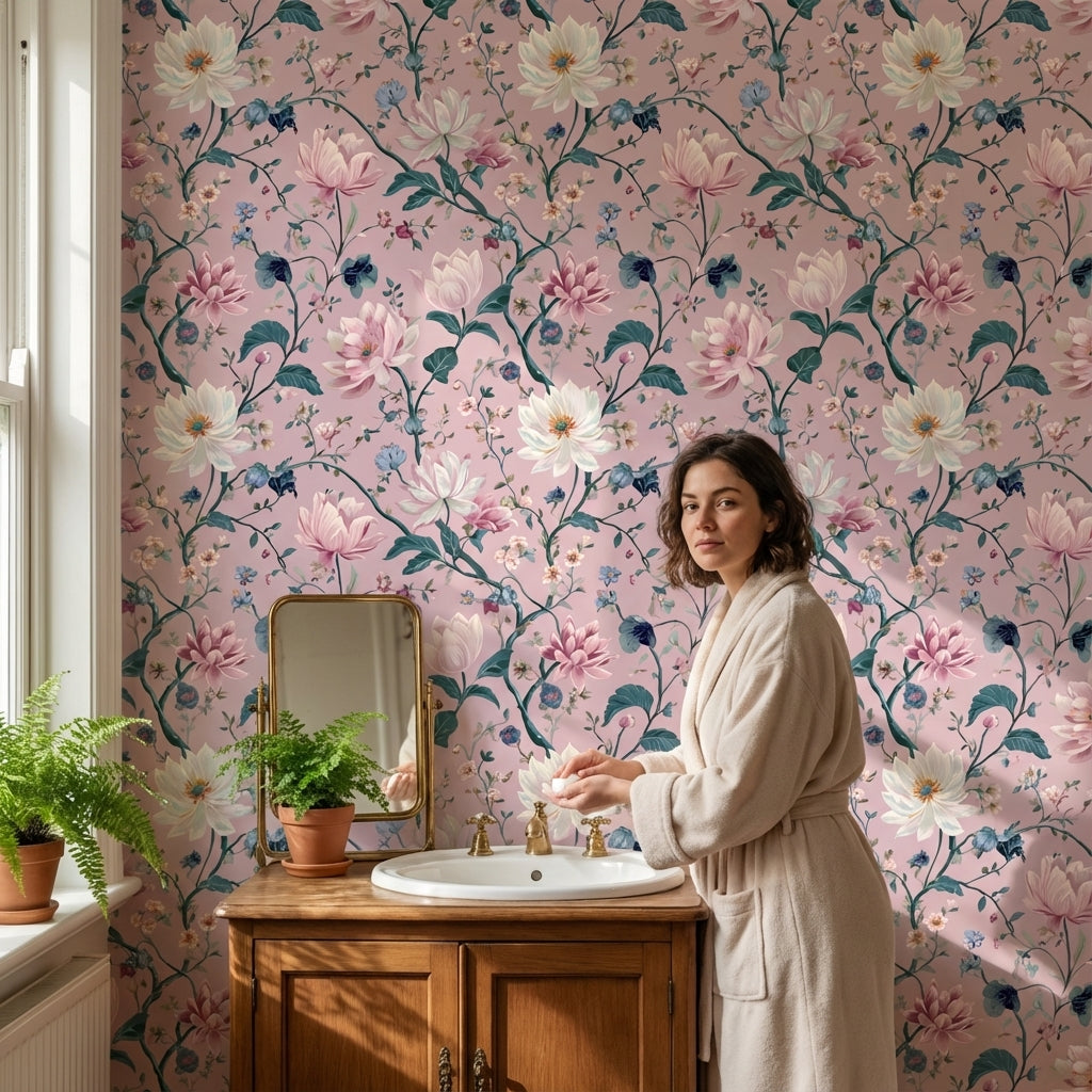 Soft Pastel Pink Large Floral Wallpaper
