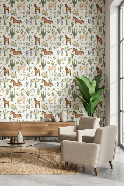 White Desert Cactus and Horse Pattern Wallpaper
