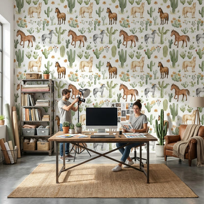 White Desert Cactus and Horse Pattern Wallpaper
