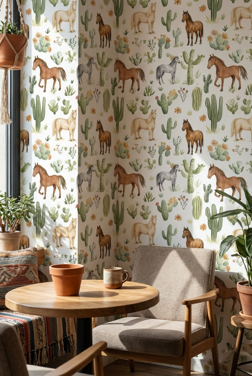 White Desert Cactus and Horse Pattern Wallpaper
