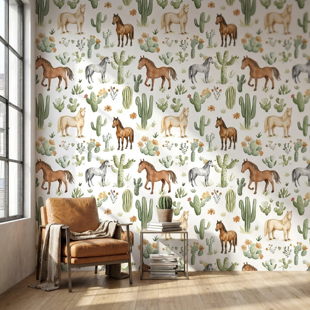 White Desert Cactus and Horse Pattern Wallpaper