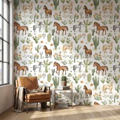 White Desert Cactus and Horse Pattern Wallpaper