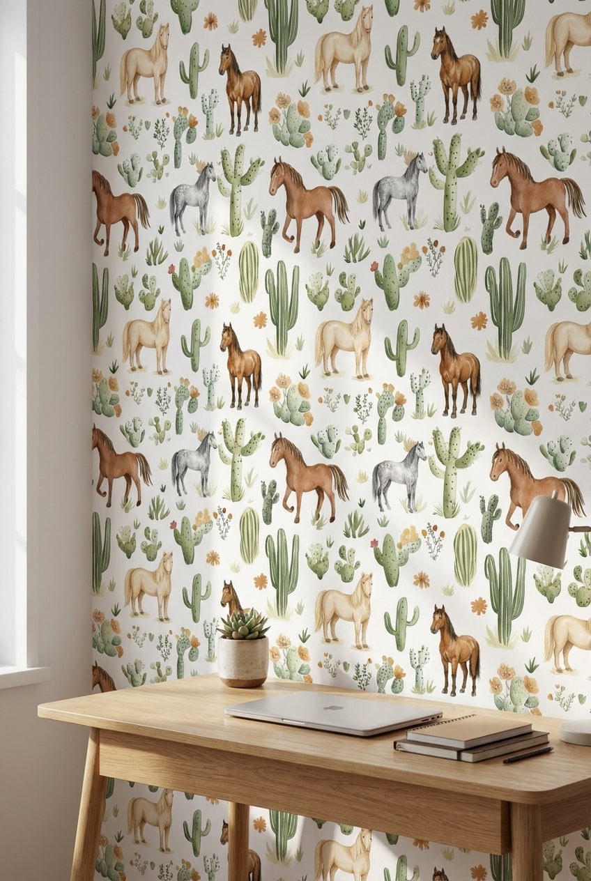 White Desert Cactus and Horse Pattern Wallpaper