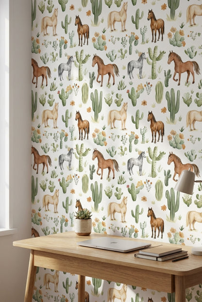 White Desert Cactus and Horse Pattern Wallpaper