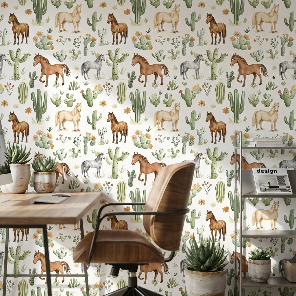 White Desert Cactus and Horse Pattern Wallpaper