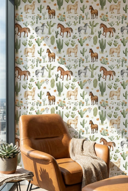 White Desert Cactus and Horse Pattern Wallpaper