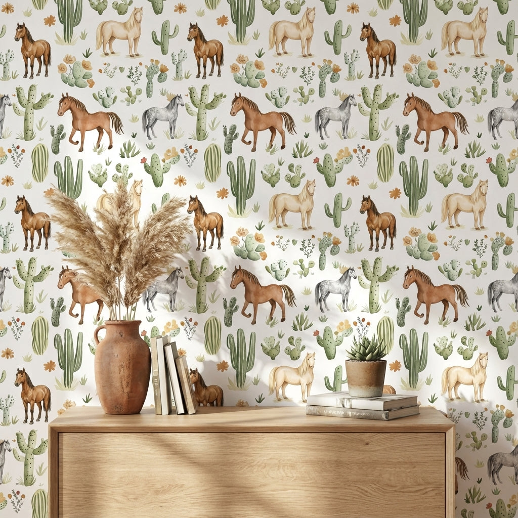 White Desert Cactus and Horse Pattern Wallpaper