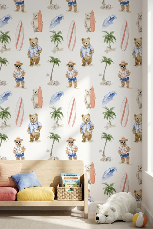 Playful Beach Bear Kids Wallpaper