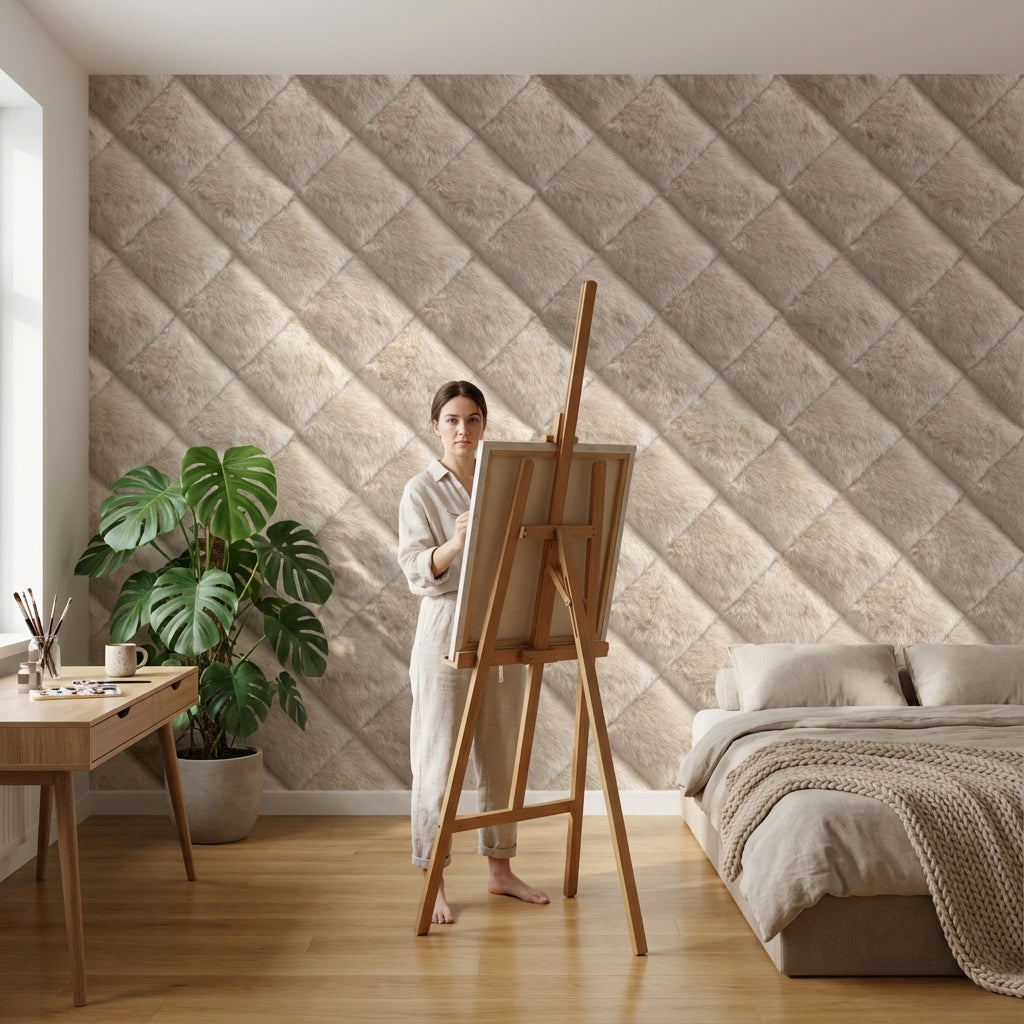 Textured Beige Diagonal Plush Abstract Wallpaper