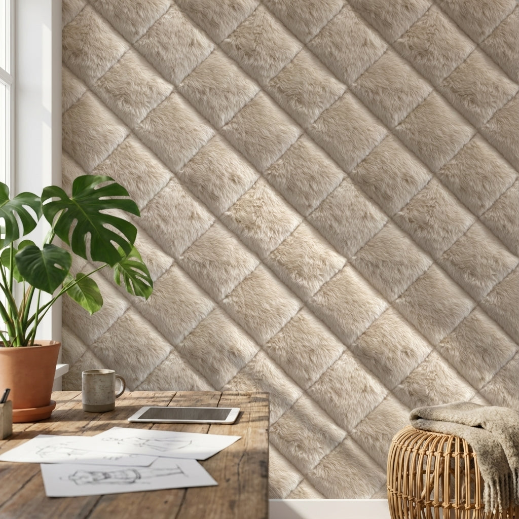 Textured Beige Diagonal Plush Abstract Wallpaper