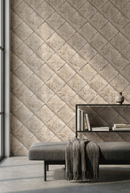 Textured Beige Diagonal Plush Abstract Wallpaper