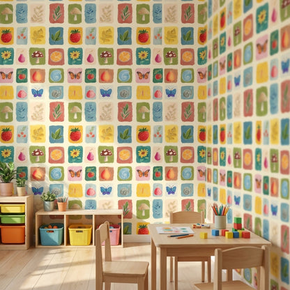 Playful Cream Multicolor Block Print Wallpaper