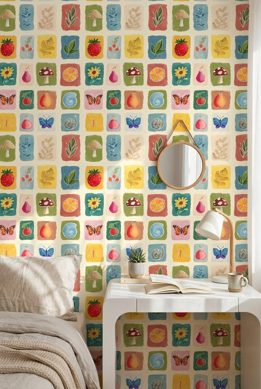 Playful Cream Multicolor Block Print Wallpaper