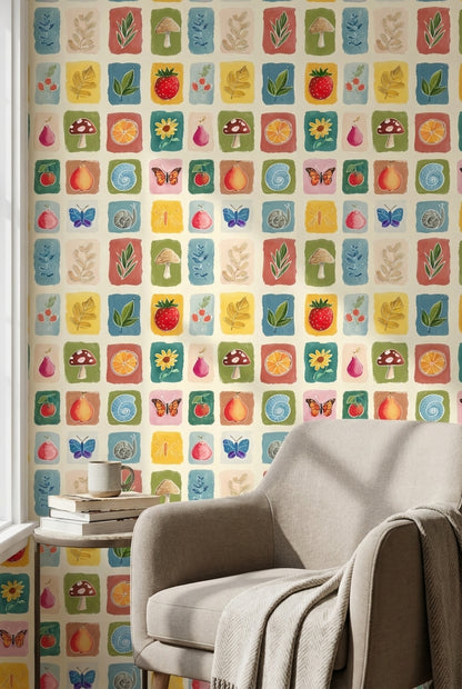 Playful Cream Multicolor Block Print Wallpaper
