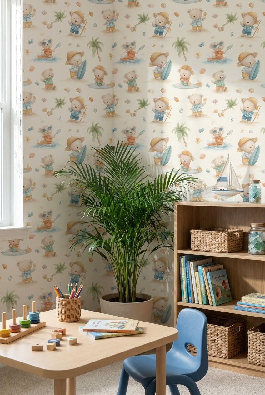 Cream Beach Adventure Bear Kids Wallpaper