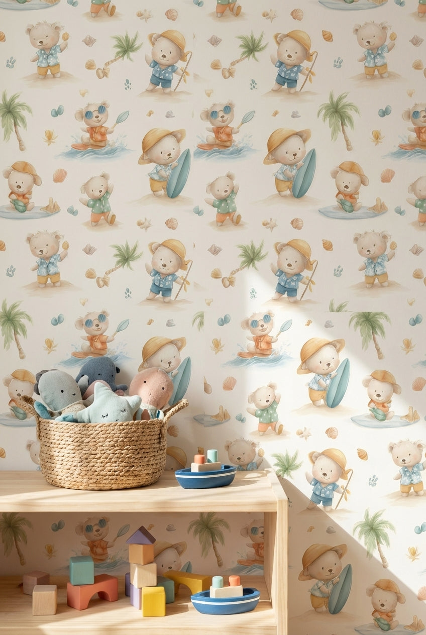 Cream Beach Adventure Bear Kids Wallpaper