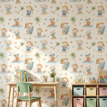 Cream Beach Adventure Bear Kids Wallpaper
