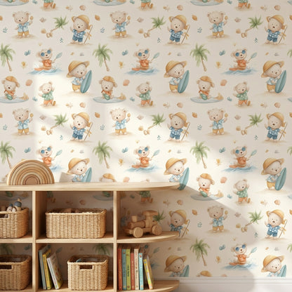 Cream Beach Adventure Bear Kids Wallpaper
