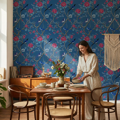 Deep Blue Floral and Bird Design Wallpaper