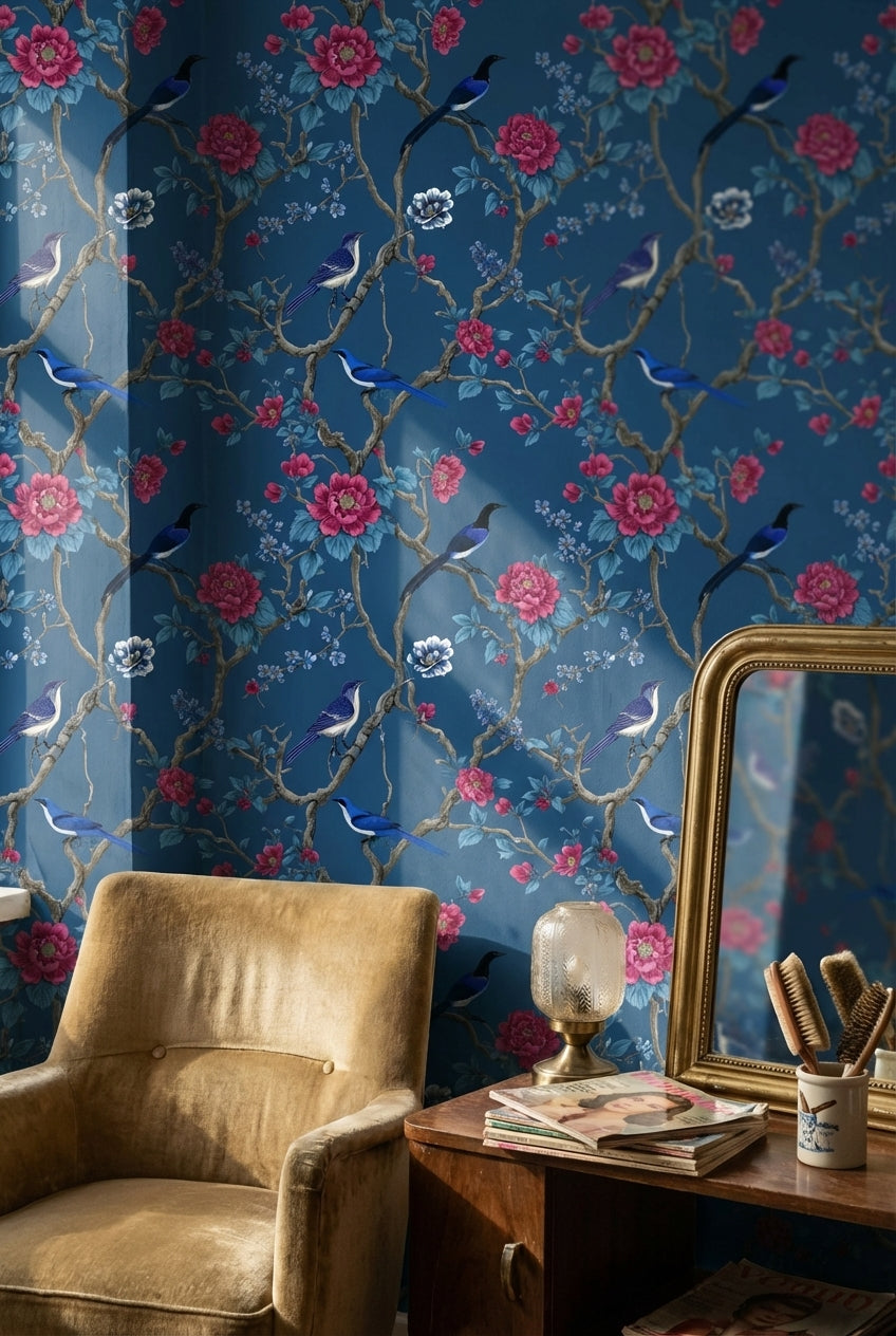 Deep Blue Floral and Bird Design Wallpaper