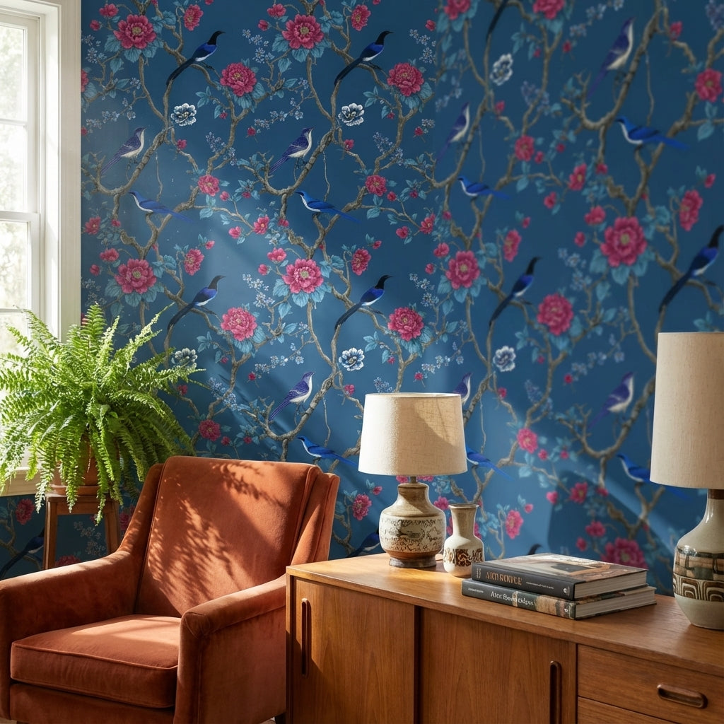 Deep Blue Floral and Bird Design Wallpaper