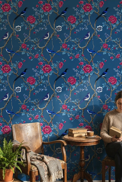 Deep Blue Floral and Bird Design Wallpaper