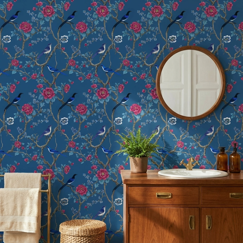 Deep Blue Floral and Bird Design Wallpaper