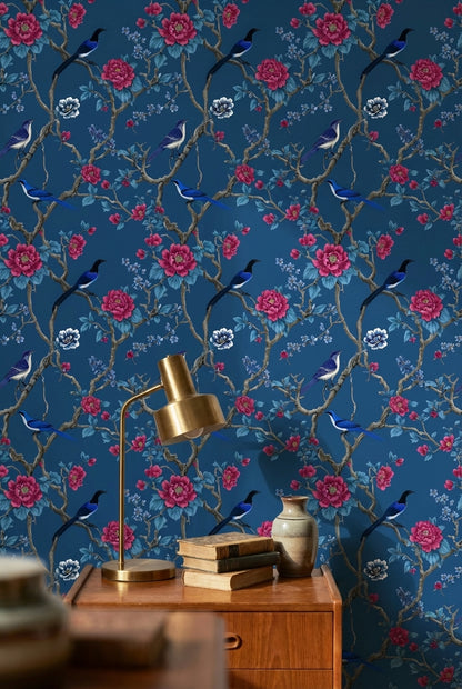 Deep Blue Floral and Bird Design Wallpaper