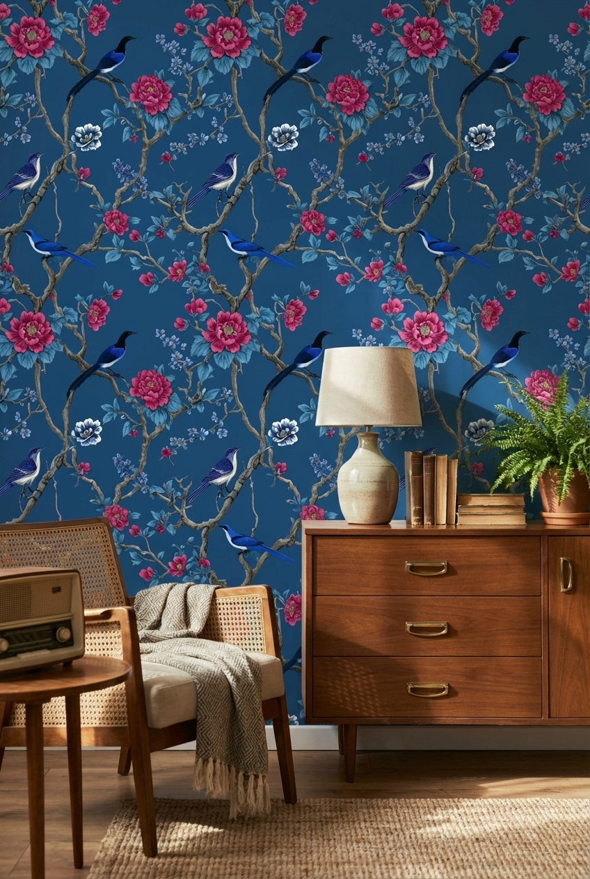 Deep Blue Floral and Bird Design Wallpaper