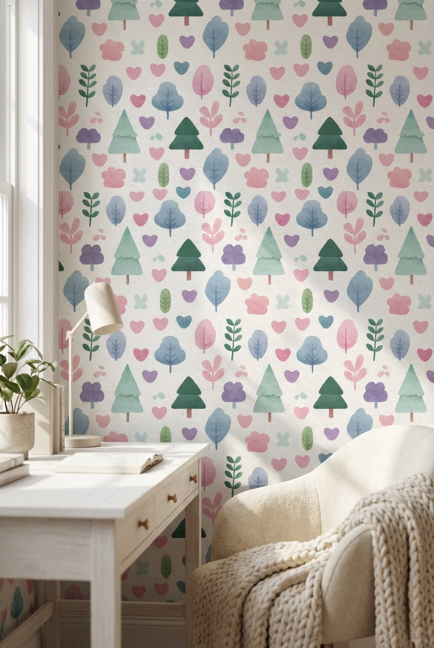 Cream Pastel Forest Friends Kids Wallpaper