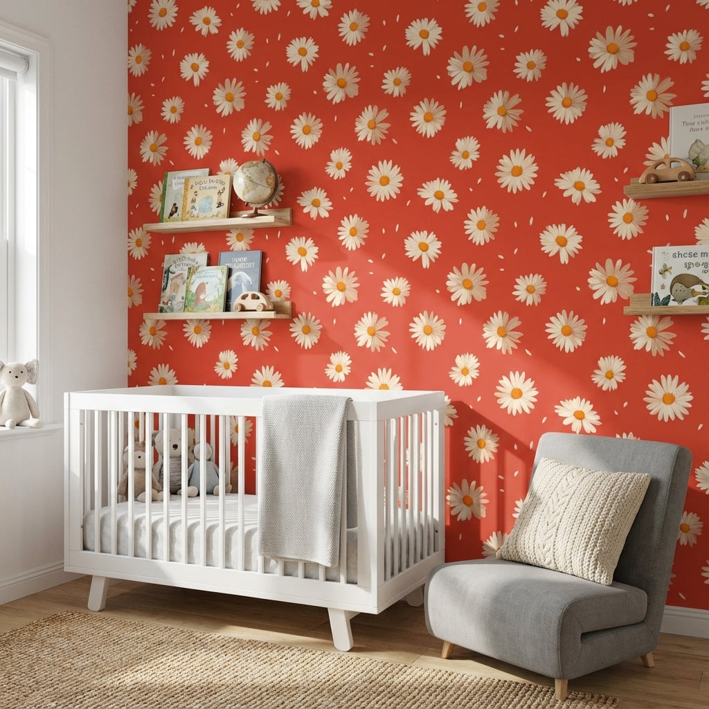 Bright Red Daisy Floral Pattern Wallpaper