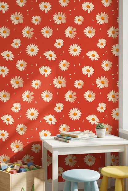 Bright Red Daisy Floral Pattern Wallpaper