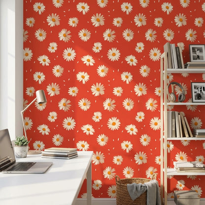 Bright Red Daisy Floral Pattern Wallpaper
