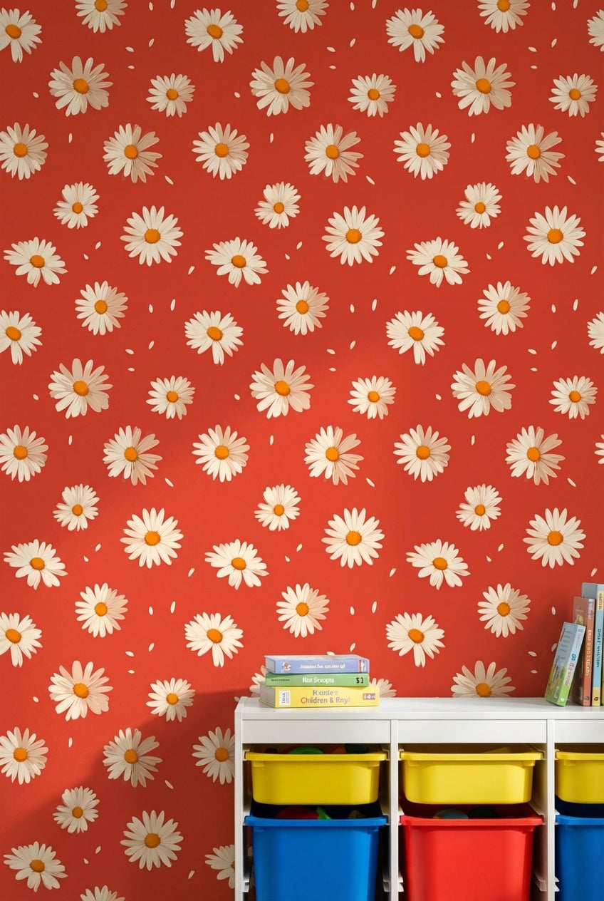 Bright Red Daisy Floral Pattern Wallpaper