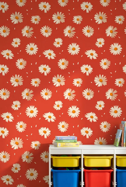 Bright Red Daisy Floral Pattern Wallpaper